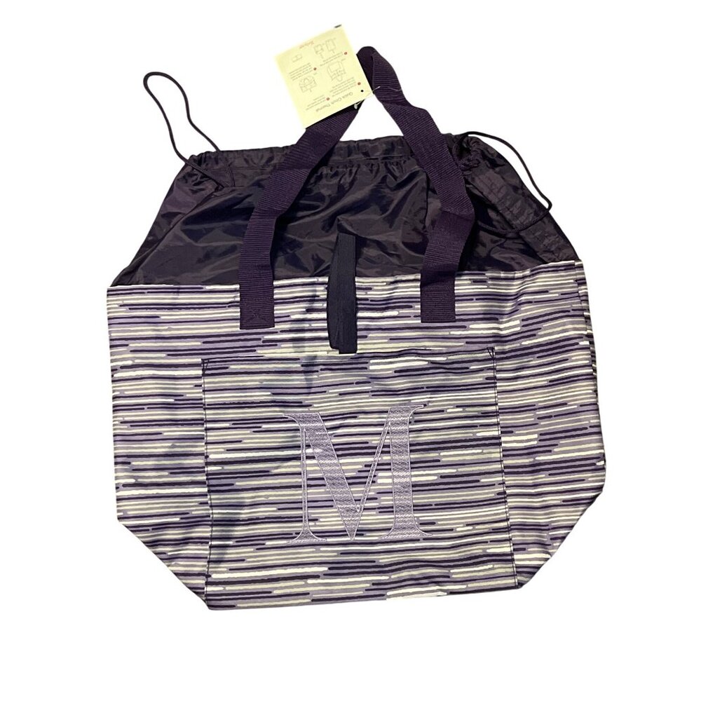 Thirty-One Quick Cinch Thermal Tote Bag Purple Stripe Monogrammed "M" New With T